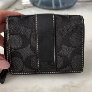 Coach Black Signature Canvas Small Bifold Wallet with Center Leather Stripe
